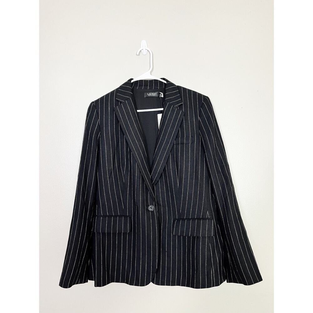 NWT Lauren Ralph Lauren Black Pinstripe Linen Blend Blazer Size 8